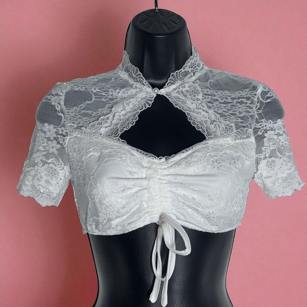 New Medium White Lace Dirndl Blouse Keyhole Neck Vneck Top Shirt Oktoberfest